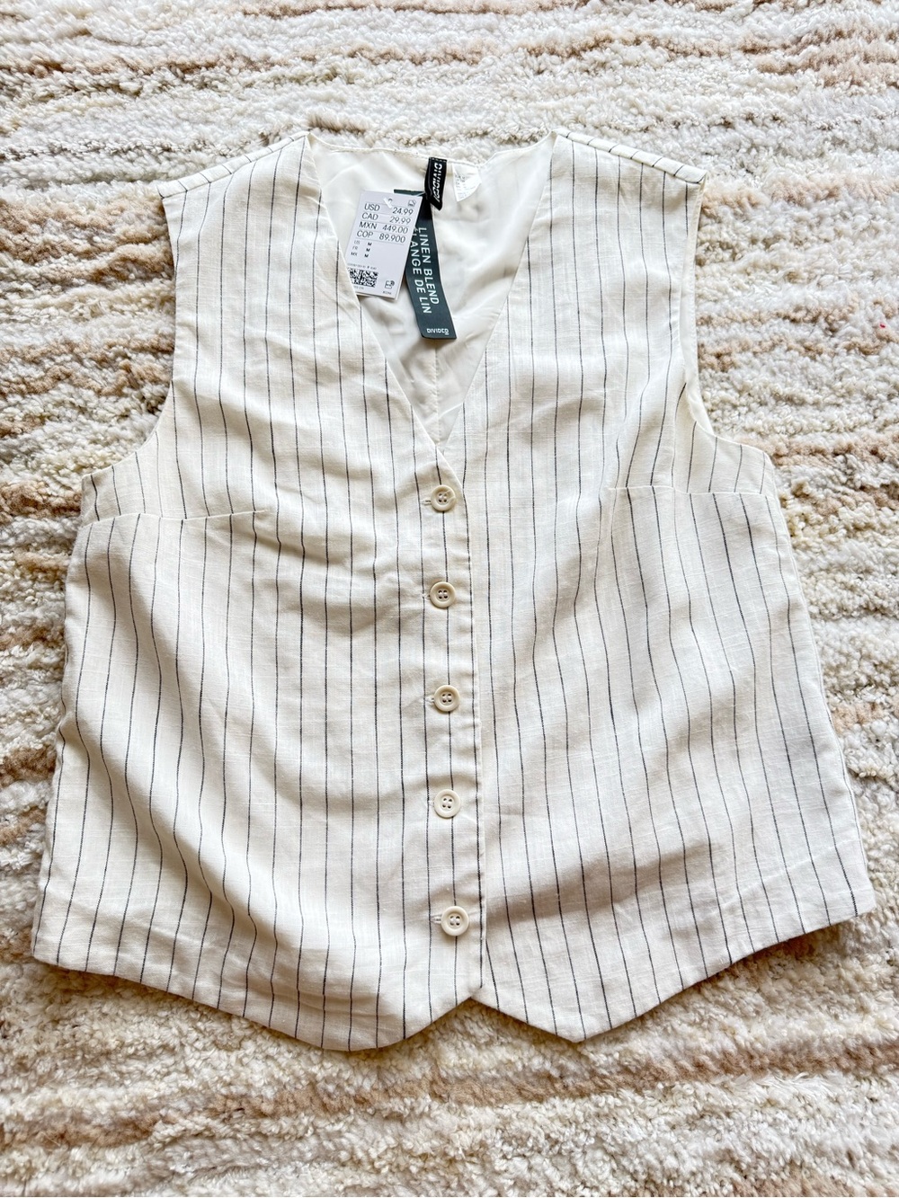 H&M Cream V-Neck Sleeveless Button Front Vest with Black stripes size M